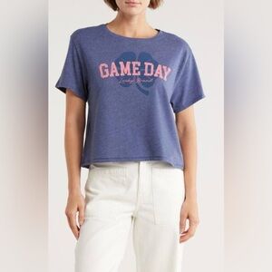 Lucky Brand Logo Game Day Cropped Short Sleeve Tee Heather Blue Size L NWT